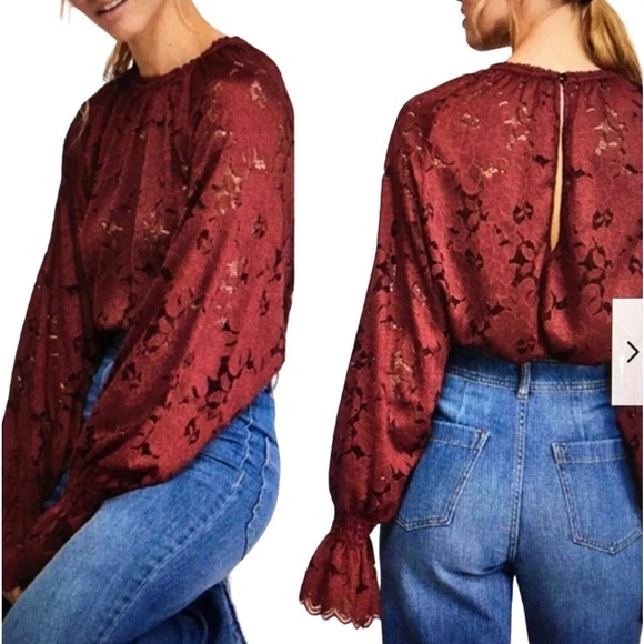 Free people M navy Olivia Lace Top Blouse - Picture 10 of 10